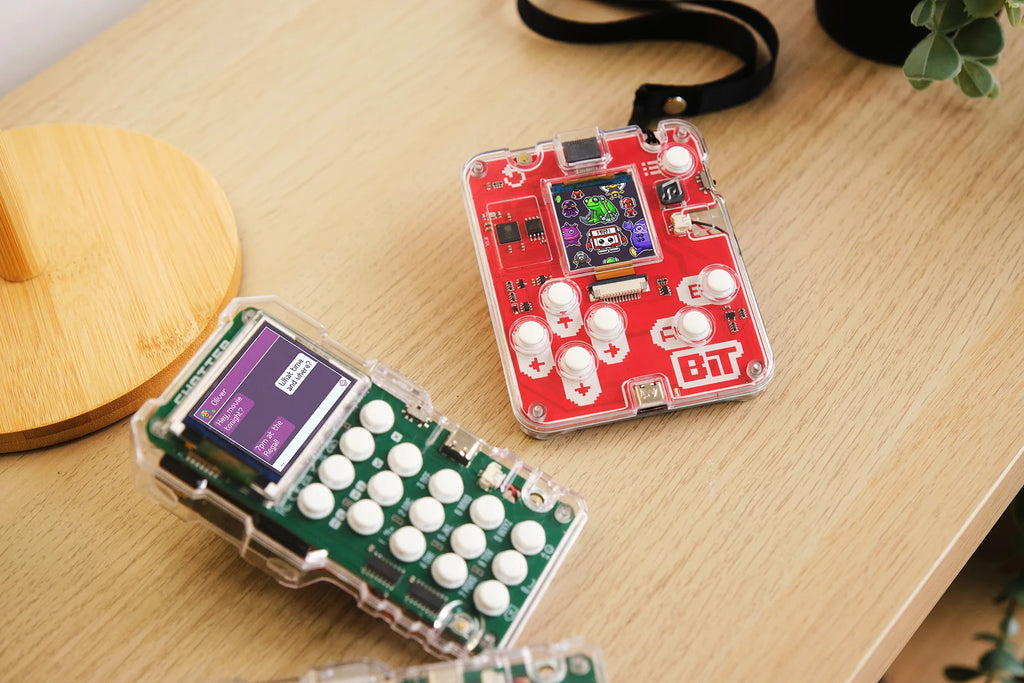 CircuitMess Chatter 2.0 and Bit 2.0 on a table