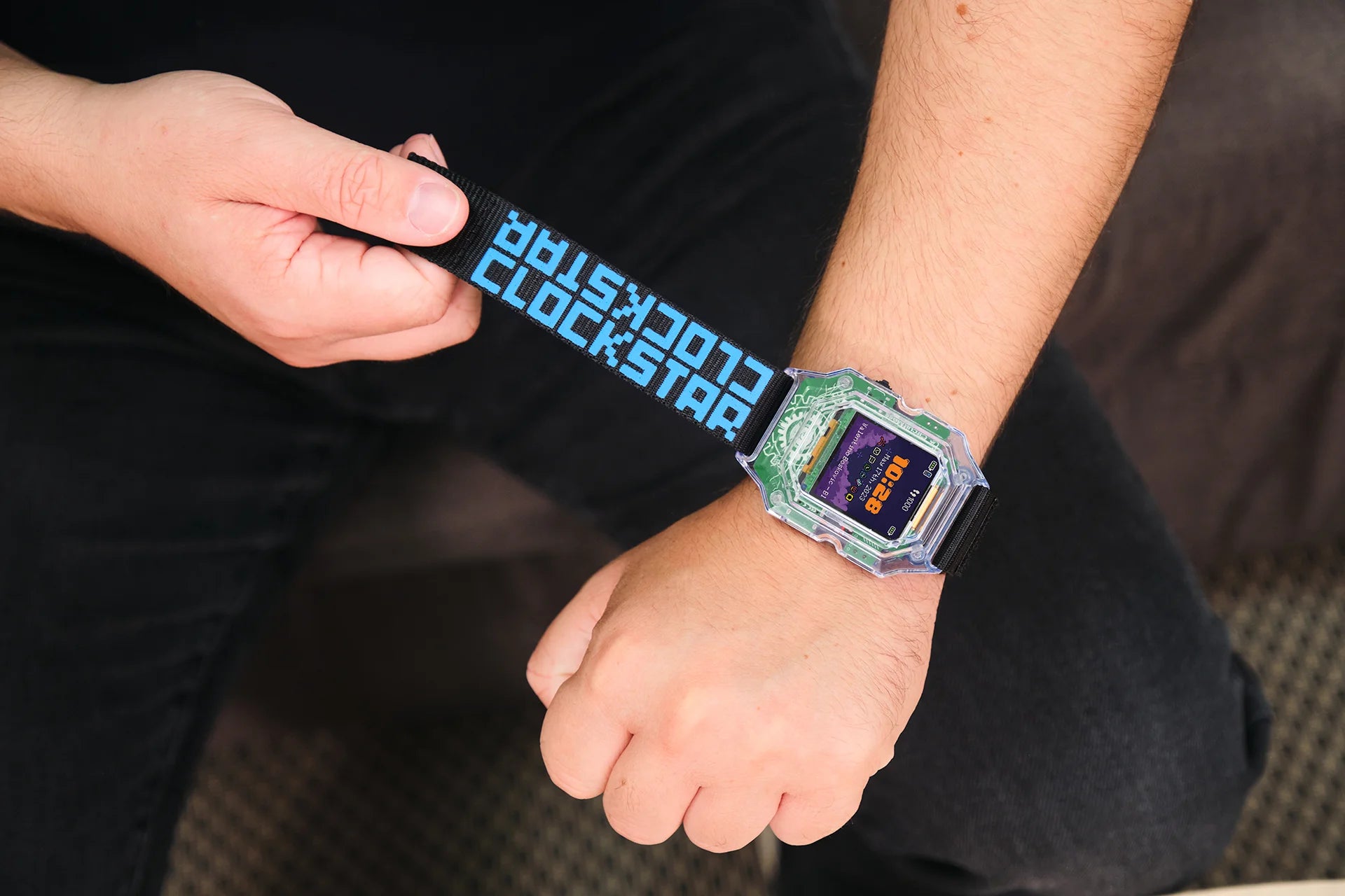 Man playing with CircuitMess Clockstar 2.0