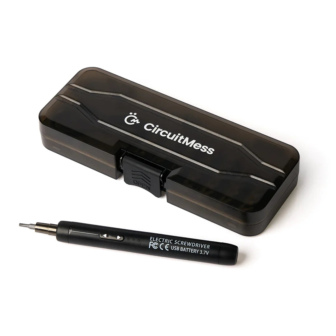 A black CircuitMess electric screwdriver with a multi-bit bit holder case, shown on a clean white background.