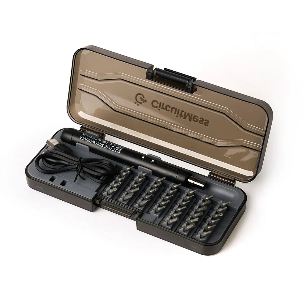 CircuMess 3mm drill bit set in an open hard case with a black pen-style tool and USB cable, shown on a white background.