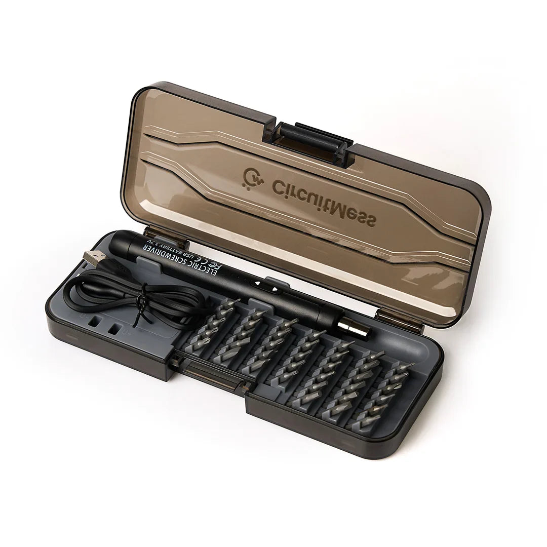 CircuMess 3mm drill bit set in an open hard case with a black pen-style tool and USB cable, shown on a white background.