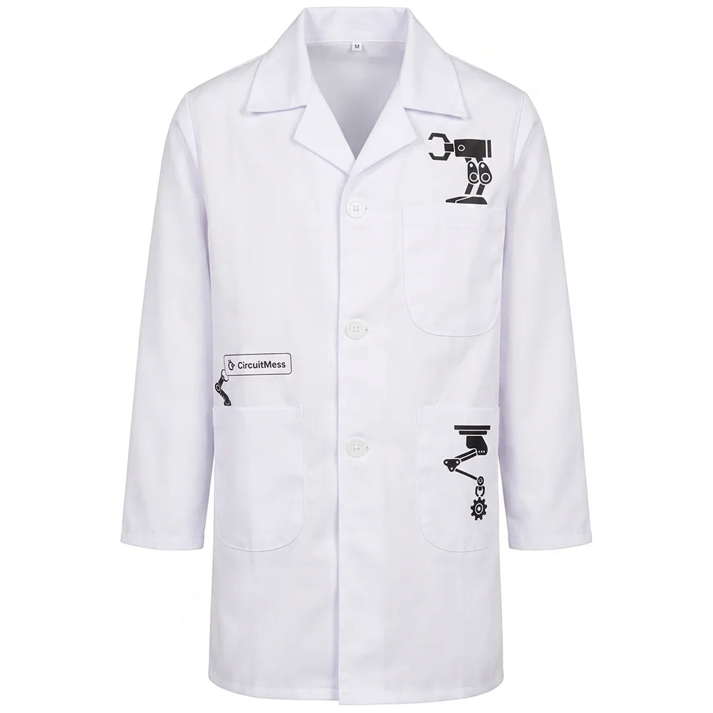 A white long-sleeve lab coat with black robot arm graphics on the chest and pocket, and a 'CircuitMess' brand patch on the other pocket, shown against a plain white background.