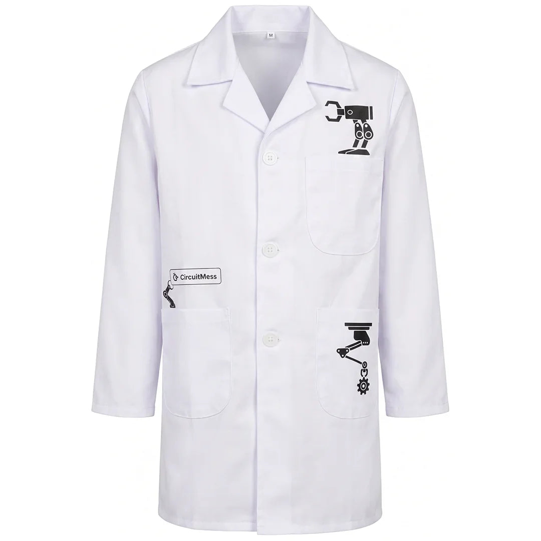A white long-sleeve lab coat with black robot arm graphics on the chest and pocket, and a 'CircuitMess' brand patch on the other pocket, shown against a plain white background.