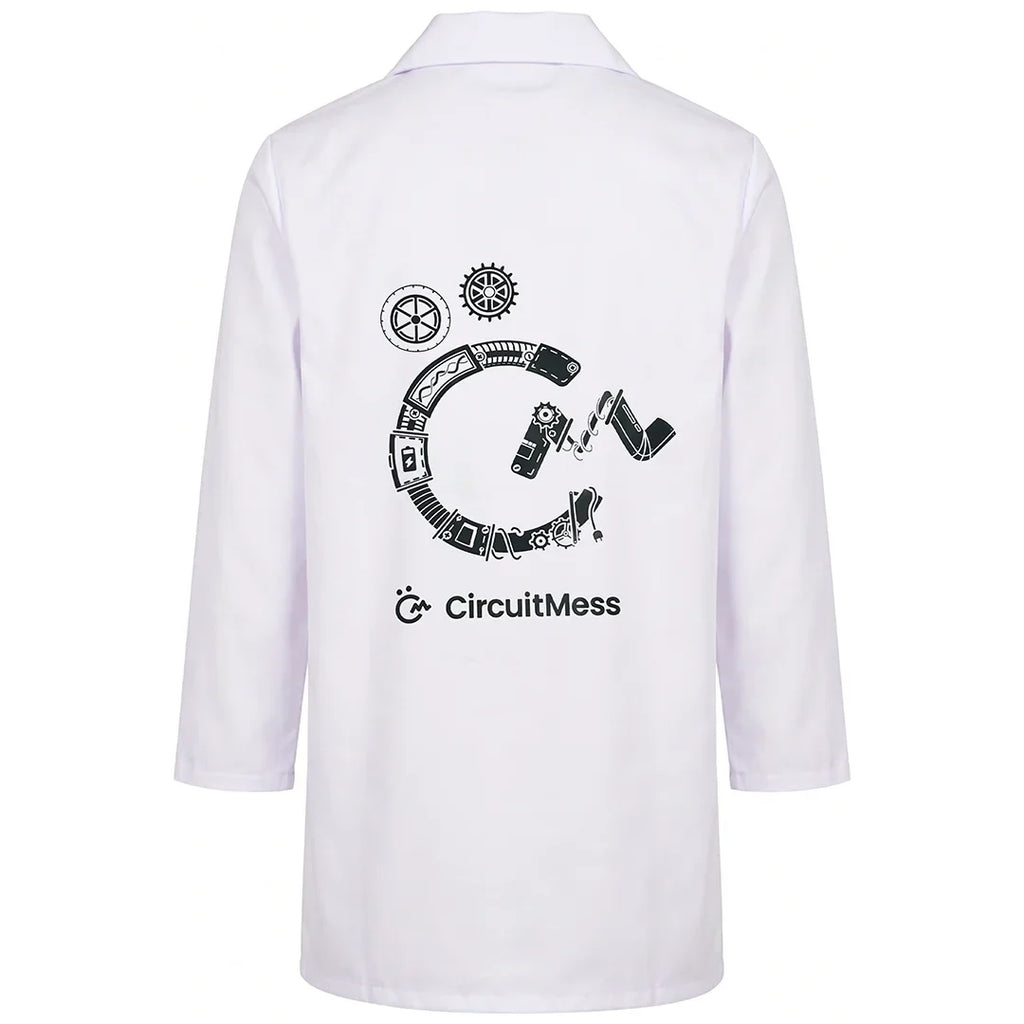 A white long-sleeve lab coat shown from the back, featuring a black graphic of a circular gear-like design with the text 'CircuitMess' printed below it.