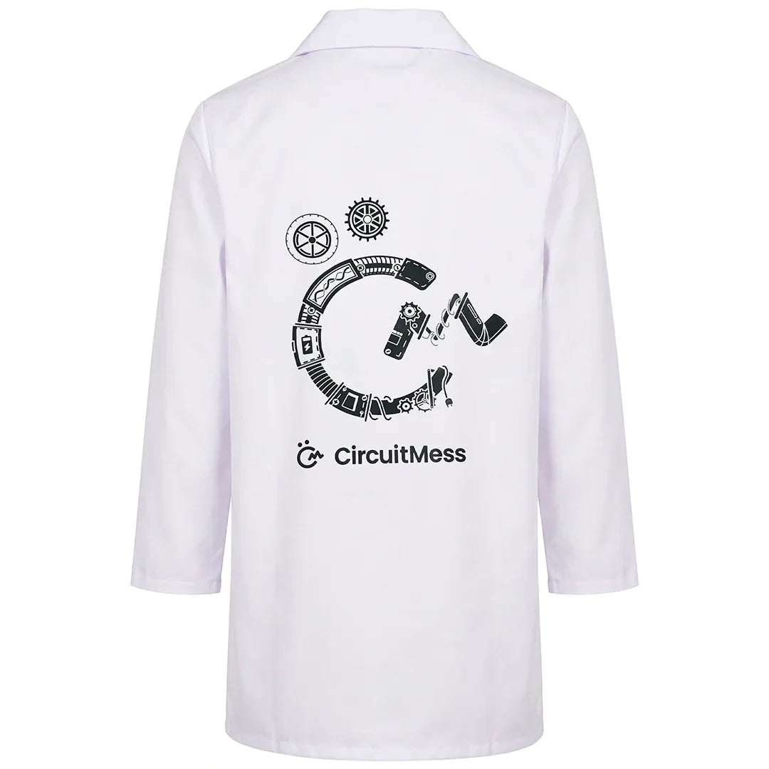A white long-sleeve lab coat shown from the back, featuring a black graphic of a circular gear-like design with the text 'CircuitMess' printed below it.